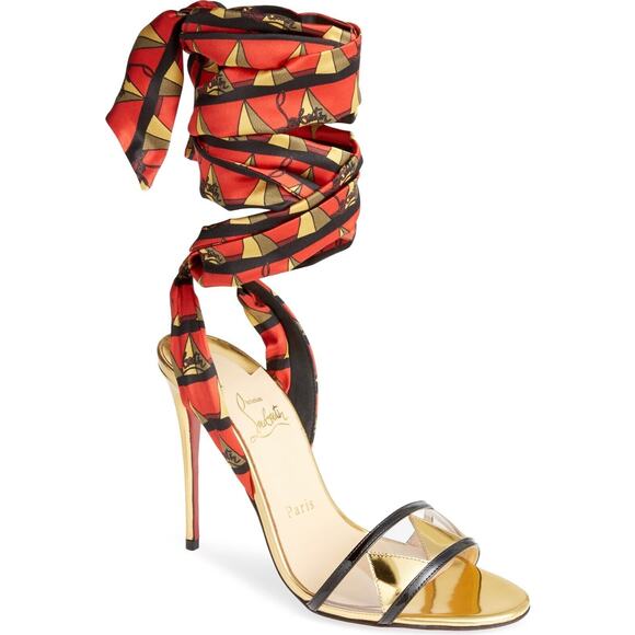 Christian Louboutin Baigneuse 100 Black Gold Red PVC Lace Up Sandal Heel Pump 37 - Picture 1 of 12